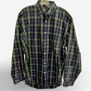 Lands End crisp cotton tartan plaid‎ button down shirt moody dark academia